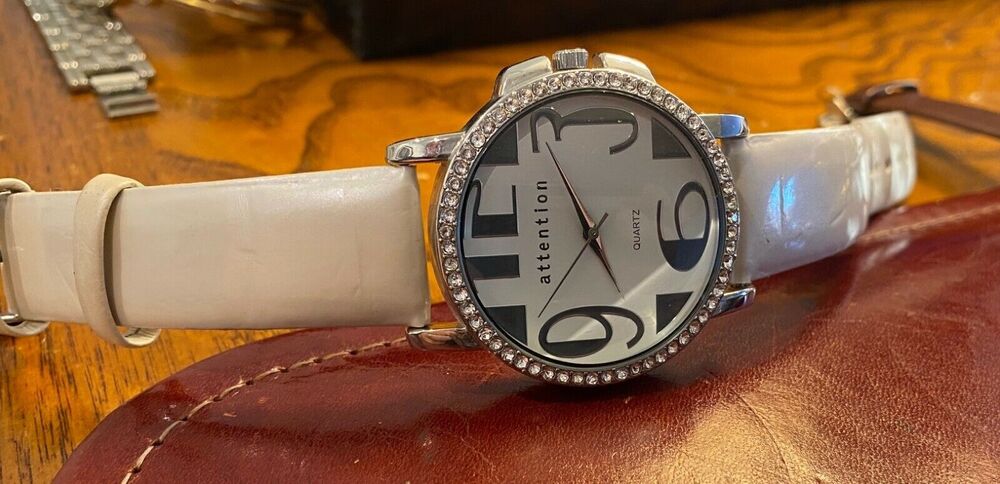 Women's 40mm Attention Watch, Pearl Tone Band,. Crystal Accented Bezel